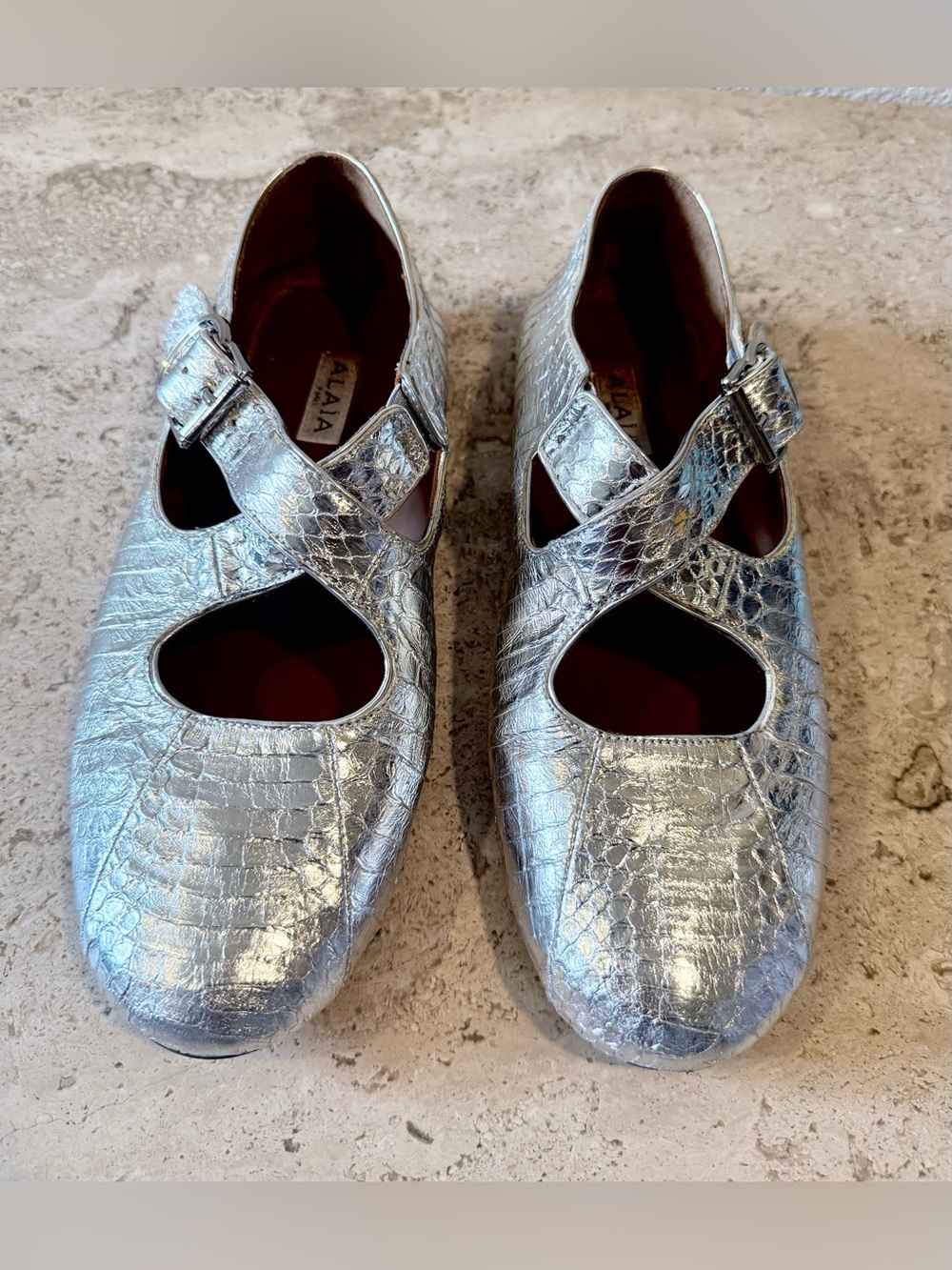 ALAïA Criss Cross Metallic Silver Python Mary Jane Flats